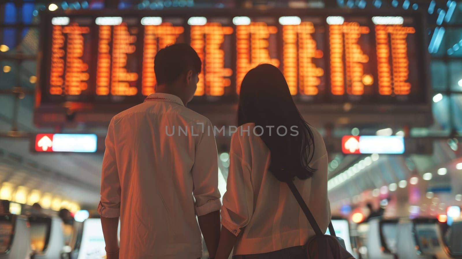 Couple traveling and looking at the flight schedule at the airport, Attractive couple in an airport.