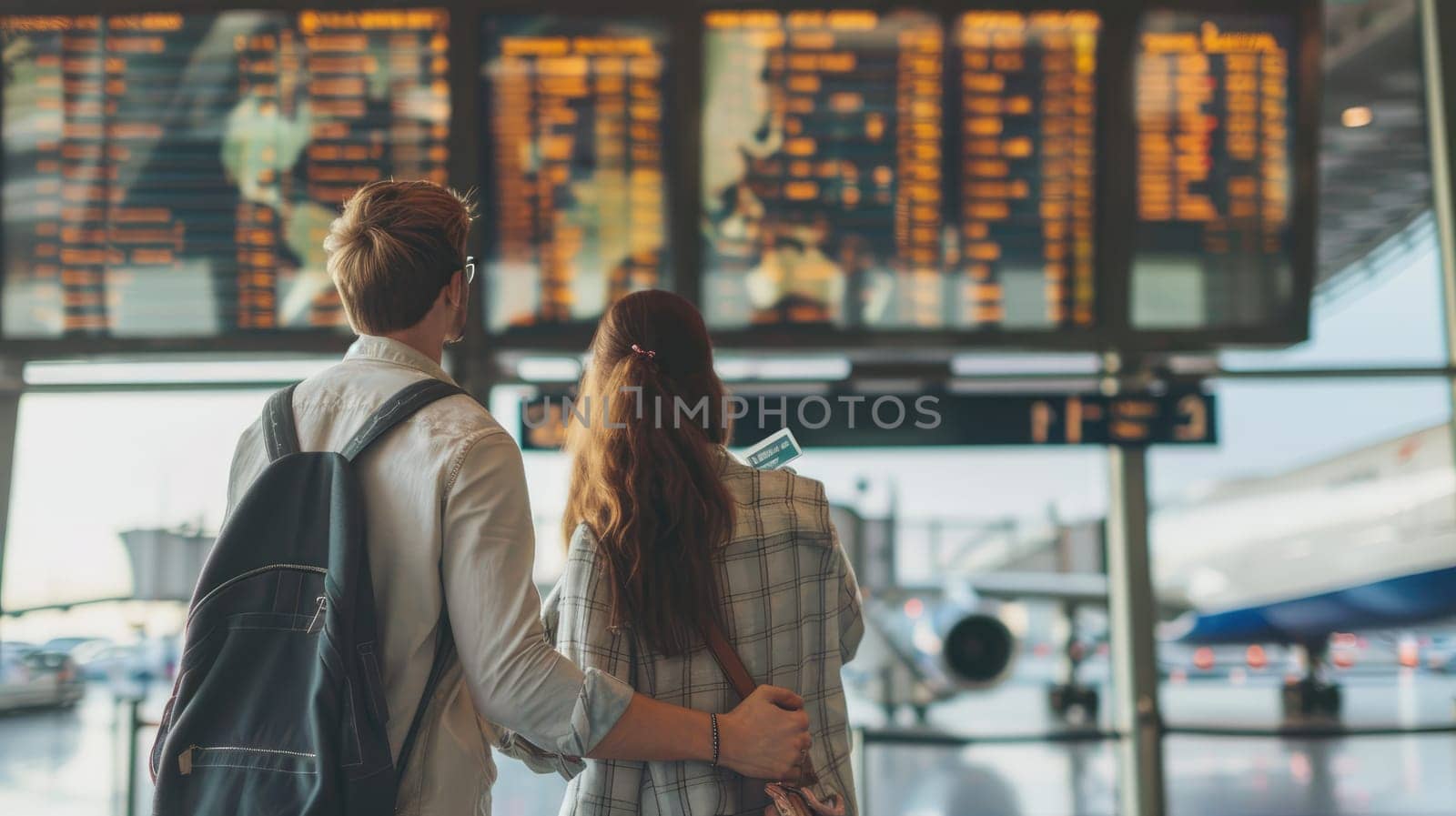 Couple traveling and looking at the flight schedule at the airport, Attractive couple in an airport.