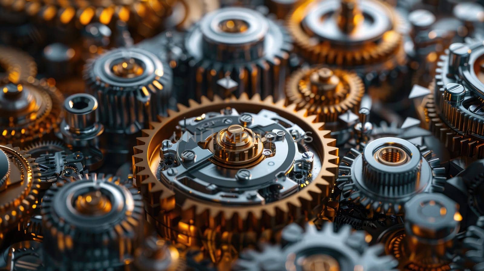 A close up of a large number of gears, some of which are gold.