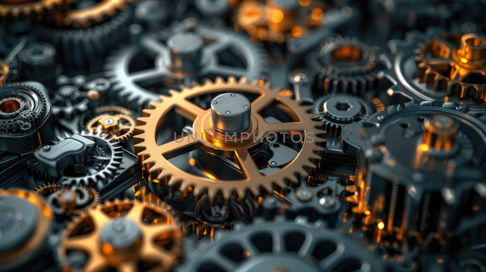 A close up of a large number of gears, some of which are gold. Concept of complexity and intricacy, as the gears are interlocked and interwoven in a way that suggests a well-designed machine