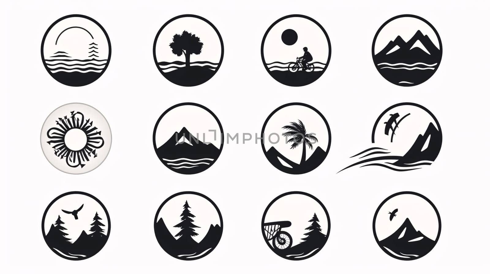 set of icons on the theme of the sea, mountains, sun, waves, bikers and other things by ThemesS