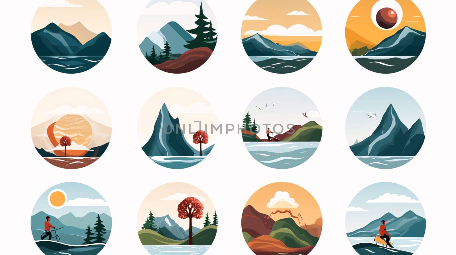 Mountains and lake icon set in flat style. Vector illustration. by ThemesS