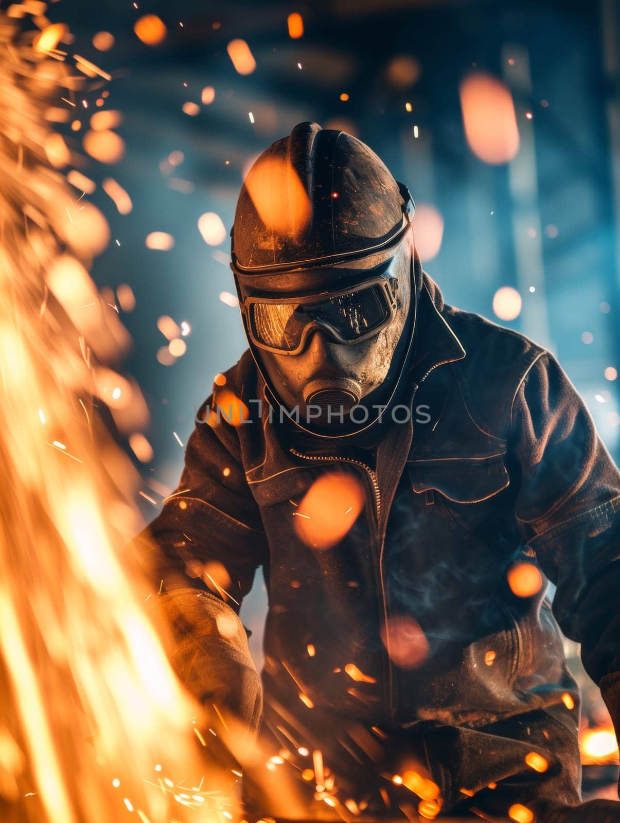Close-up of a welder in mask and protective gear with bright welding sparks