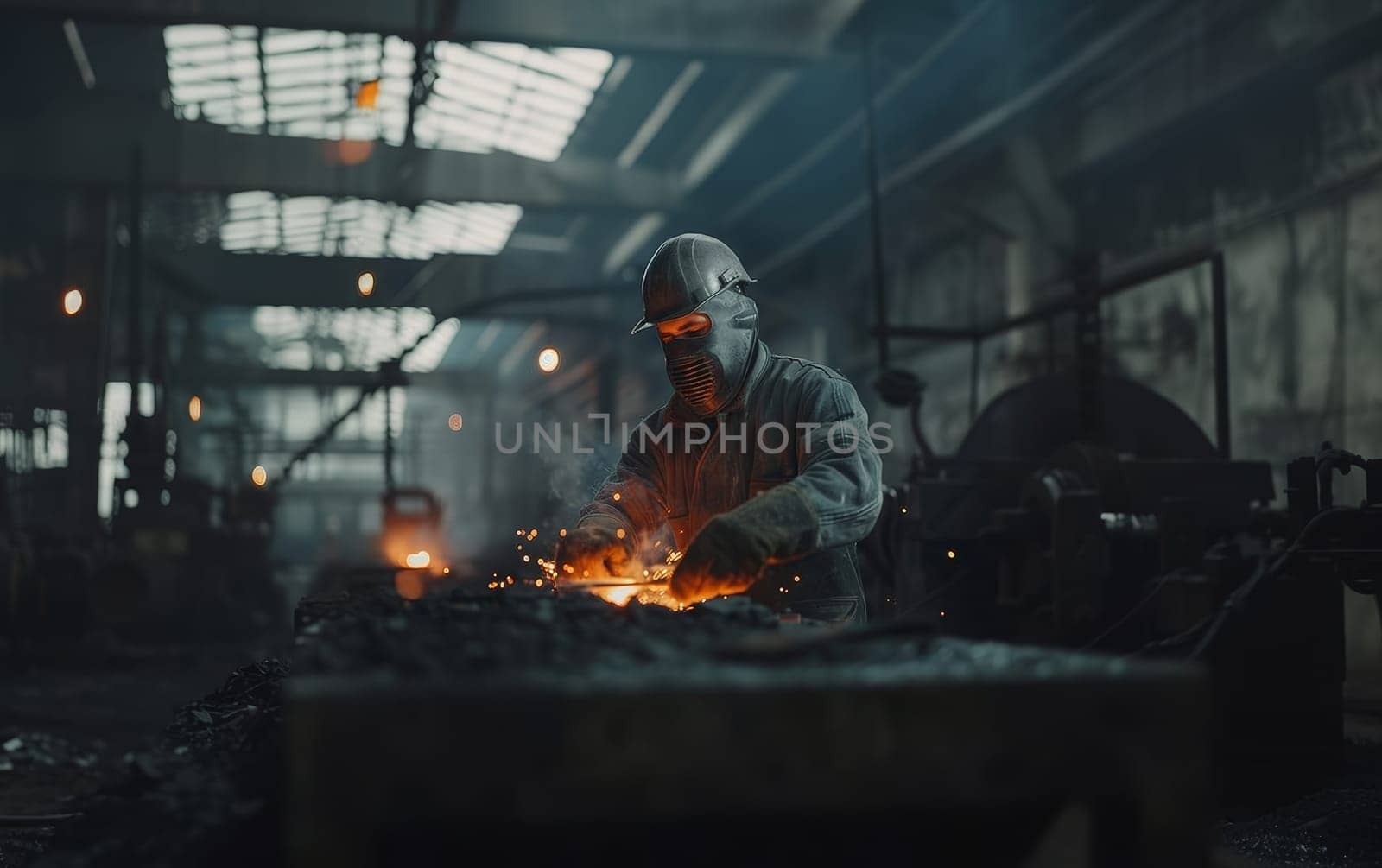 Welder in full gear ignites sparks while working on metal in a dimly lit shop. by sfinks