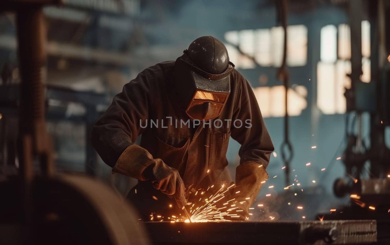 Worker in protective welding mask and gloves grinds metal, sparks scattering