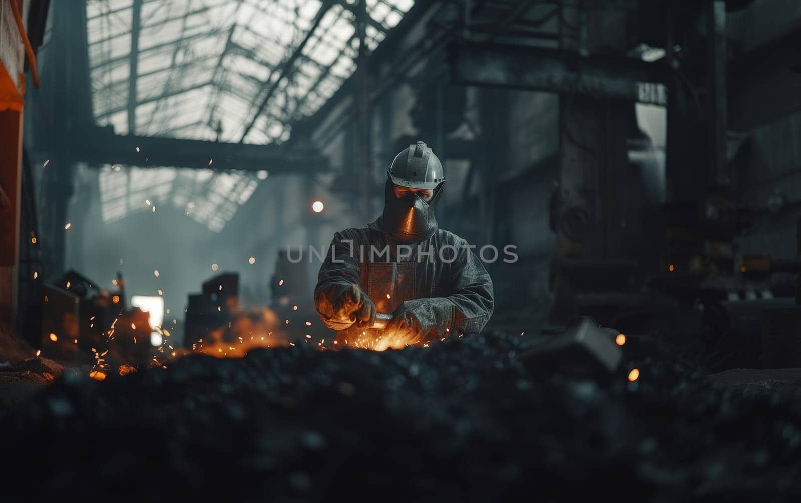 Close-up of a welder in mask and protective gear with bright welding sparks. by sfinks