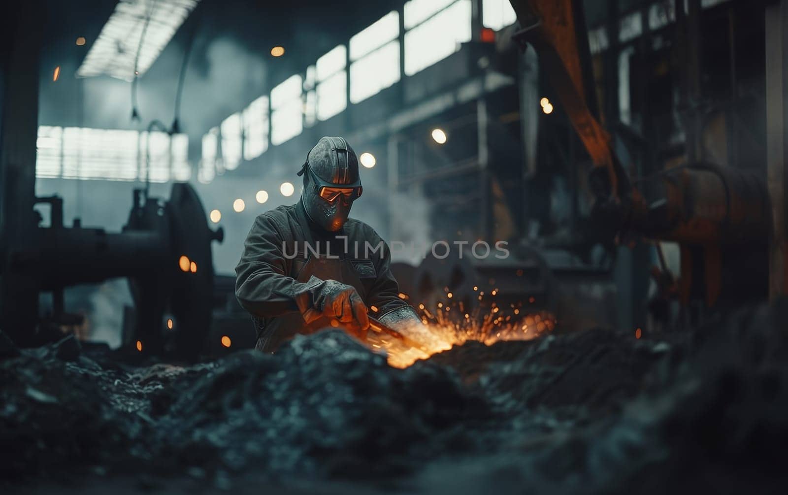 Welder in full gear ignites sparks while working on metal in a dimly lit shop. by sfinks