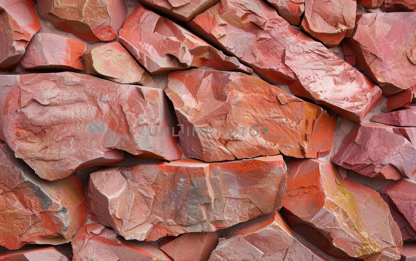 Textured rust red stone wall with a mix of color tones and fragmented pieces. by sfinks