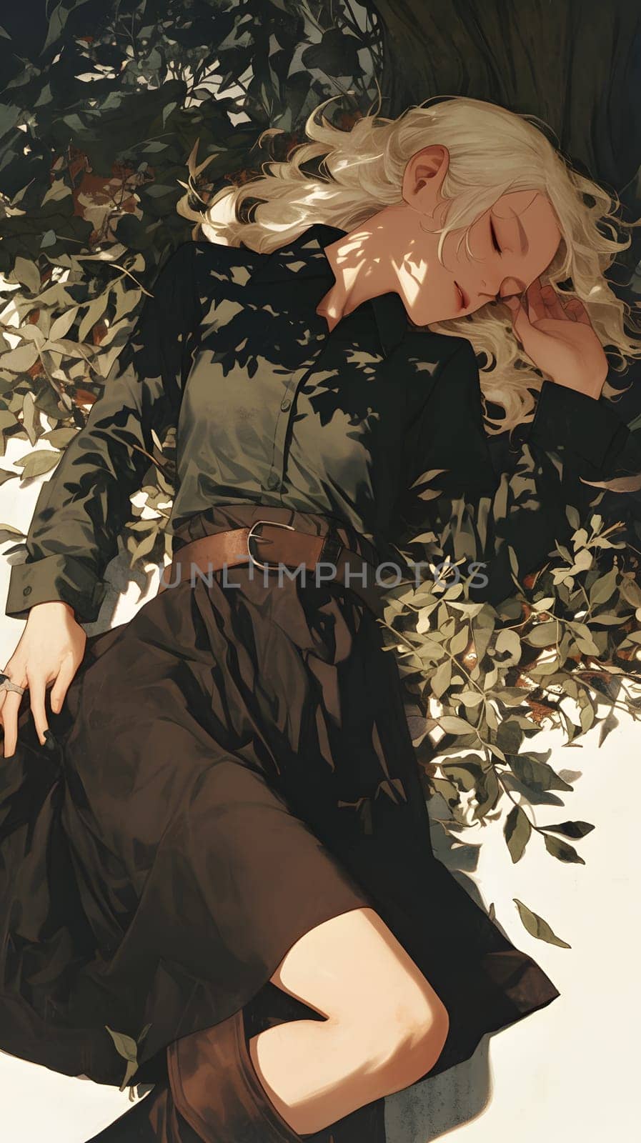 A fictional character in a military camouflage dress with intricate sleeve pattern is lying under a tree, her hand resting on her thigh in a graceful gesture