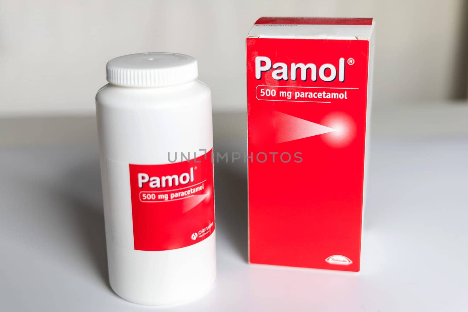 Large package of paracetamol tablets. Pills for pain and fever reduction. Denmark - Martch 24, 2024