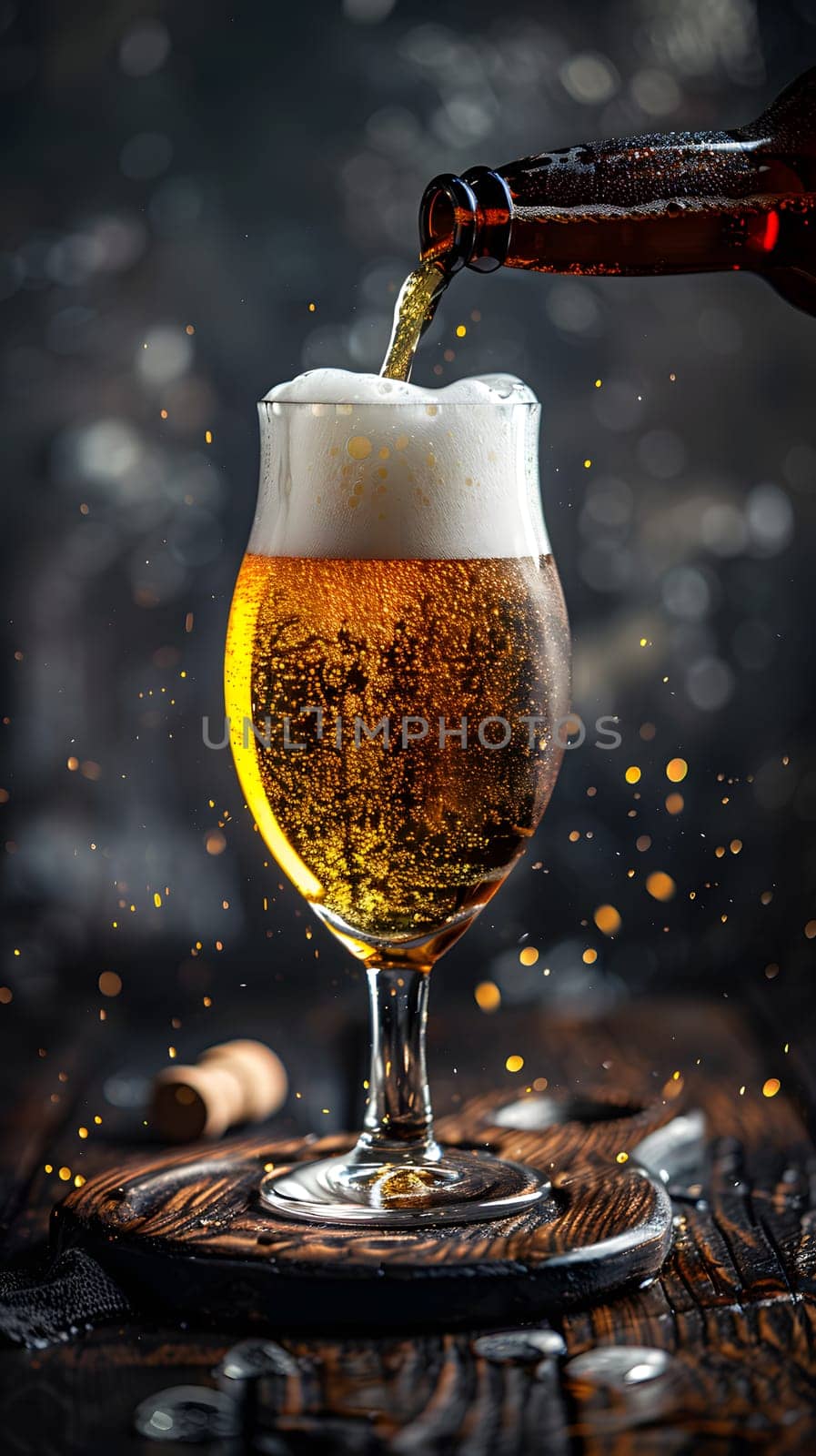 Beer being poured into a beer glass on a wooden table by Nadtochiy