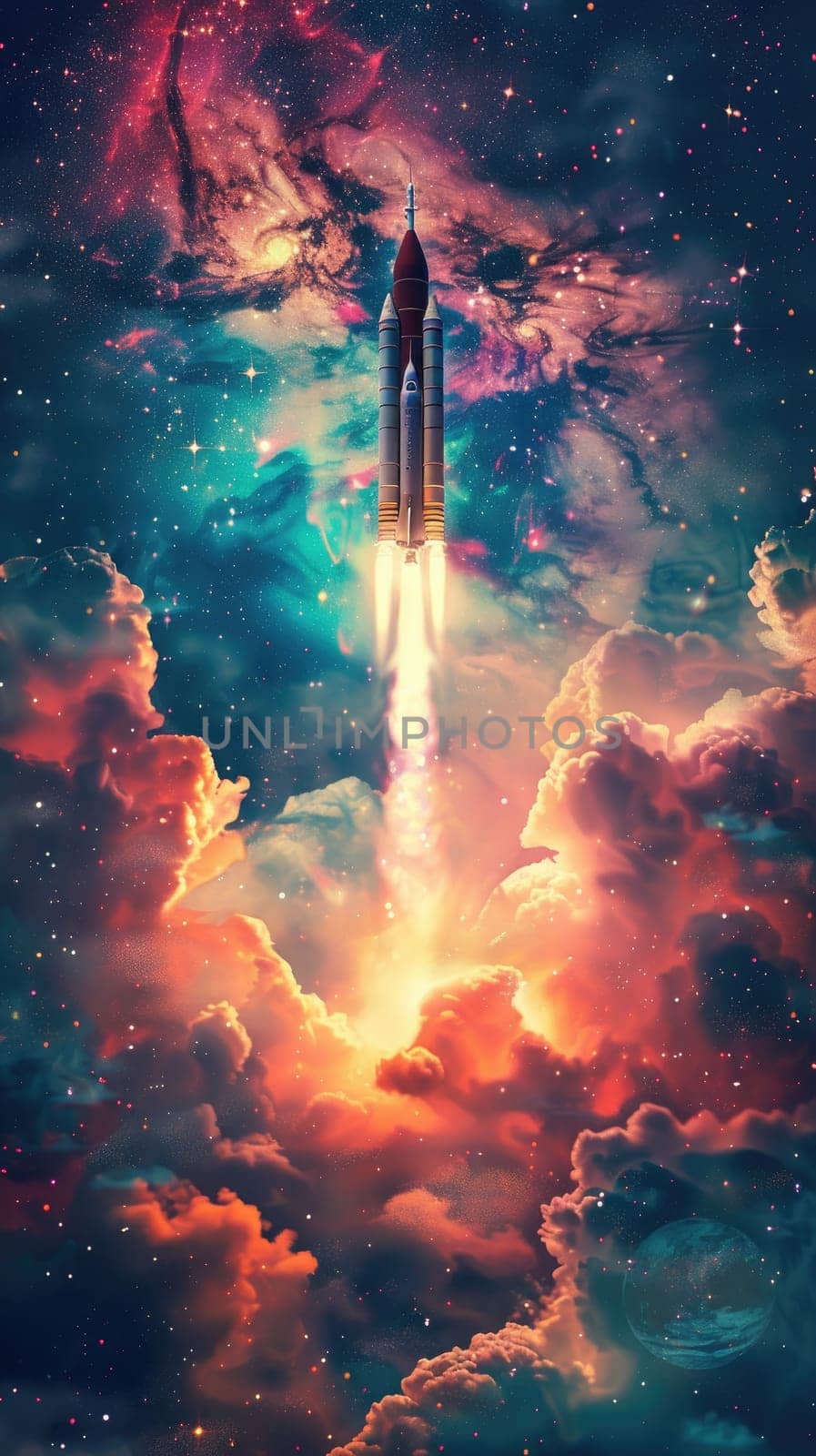 A colorful space shuttle is flying through a sky full of clouds and stars. Concept of adventure and exploration, as the rocket soars through the vast expanse of the universe