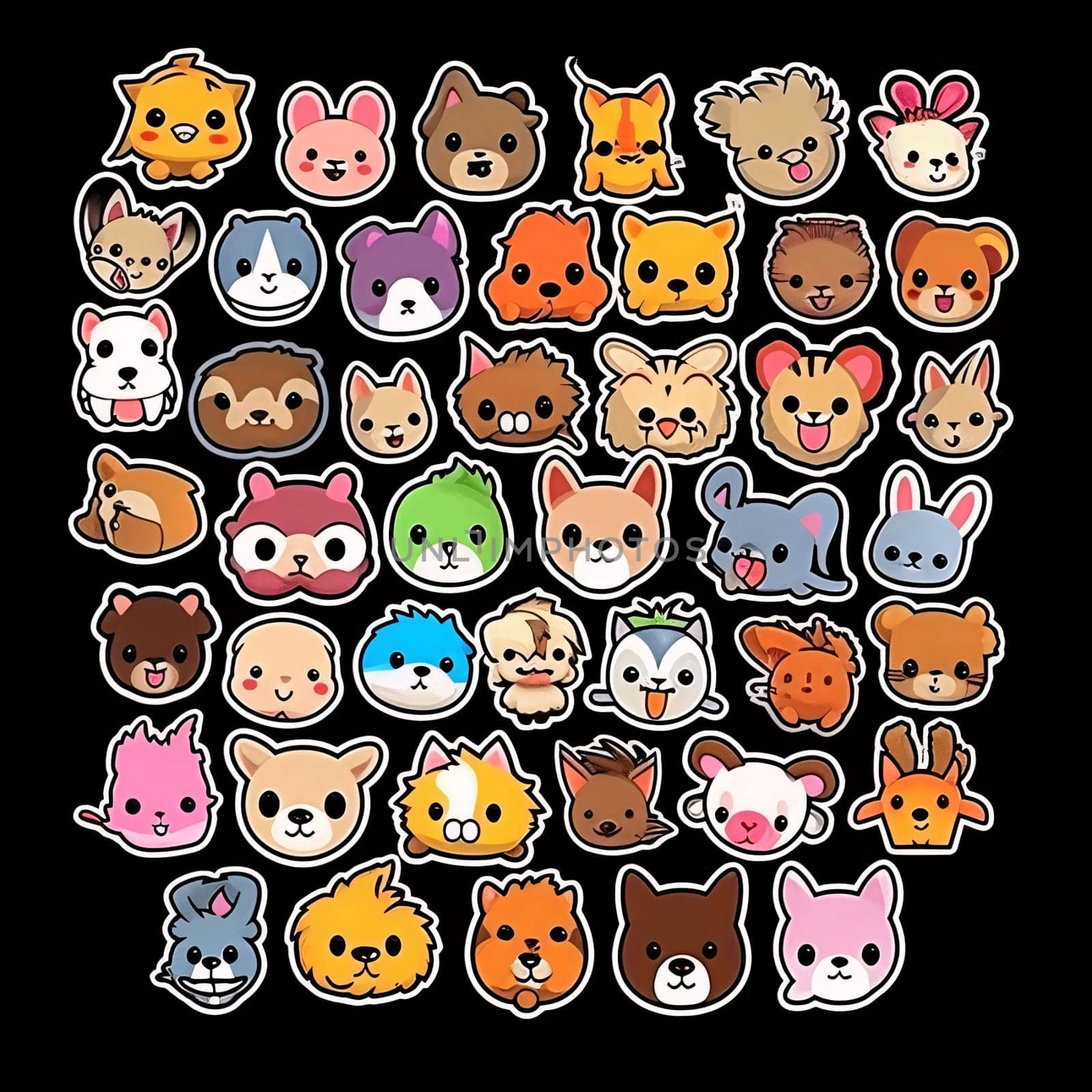 New icons collection: Set of cute cartoon animal faces. Vector illustration on black background.