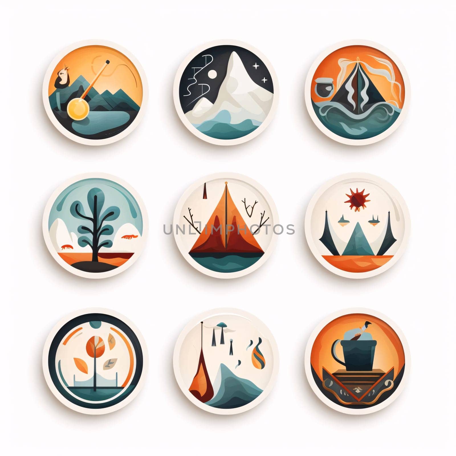 New icons collection: Set of round badges with camping icons. Vector illustration in flat style