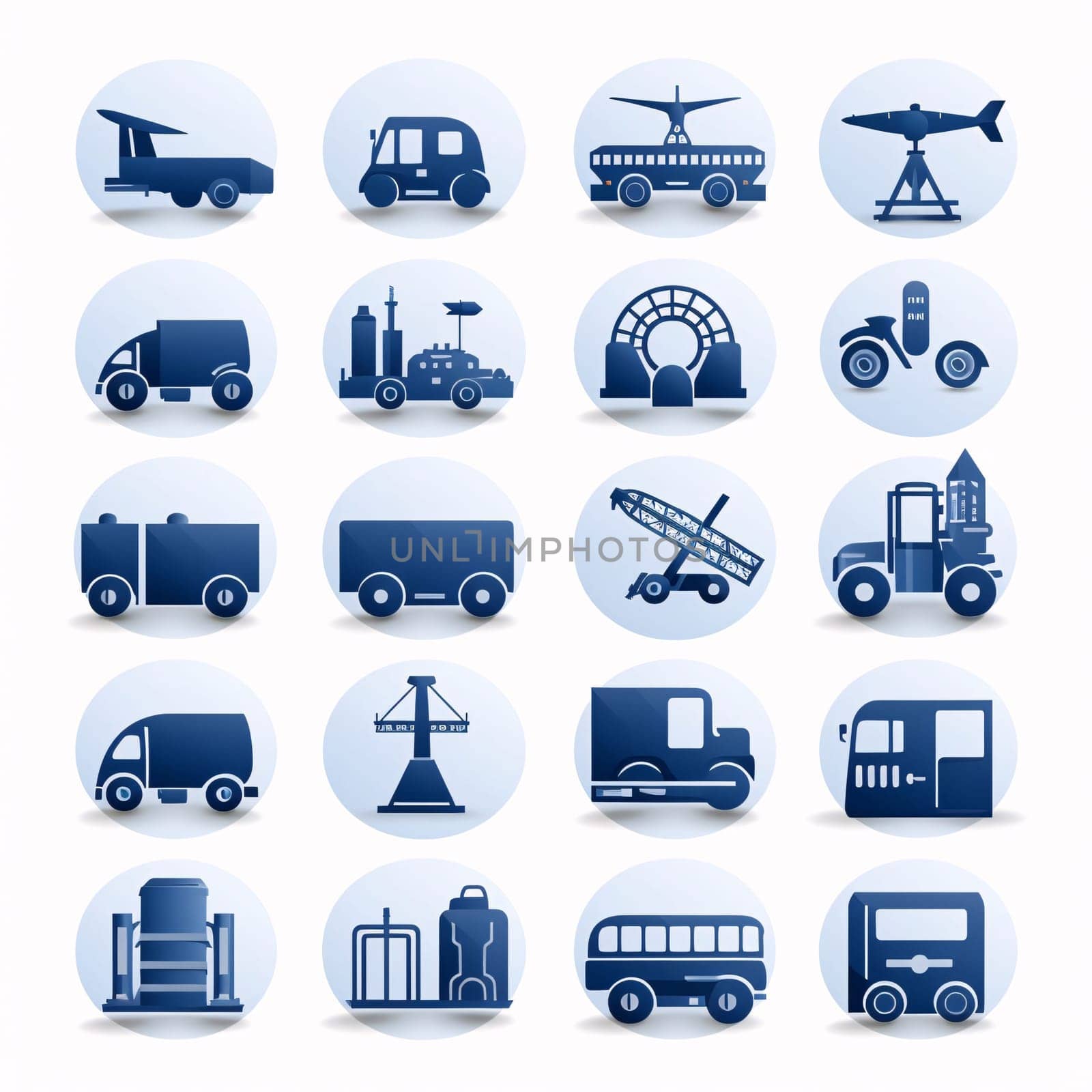 New icons collection: Transport icons set. Vector illustration. Blue round stickers with long shadow.