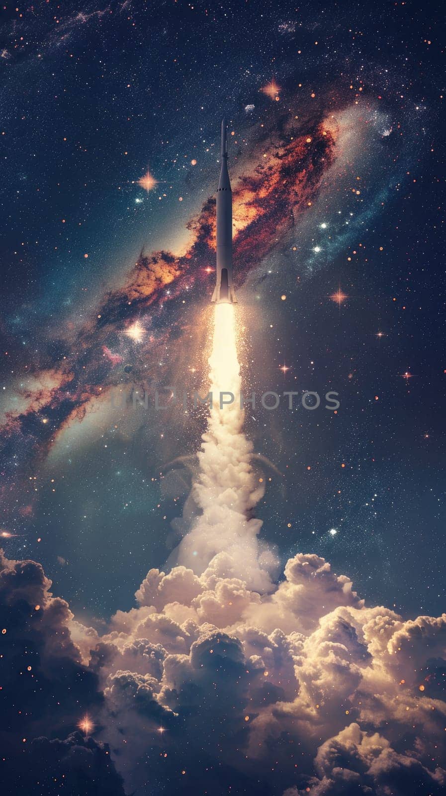 A colorful space shuttle is flying through a sky full of clouds and stars by nijieimu