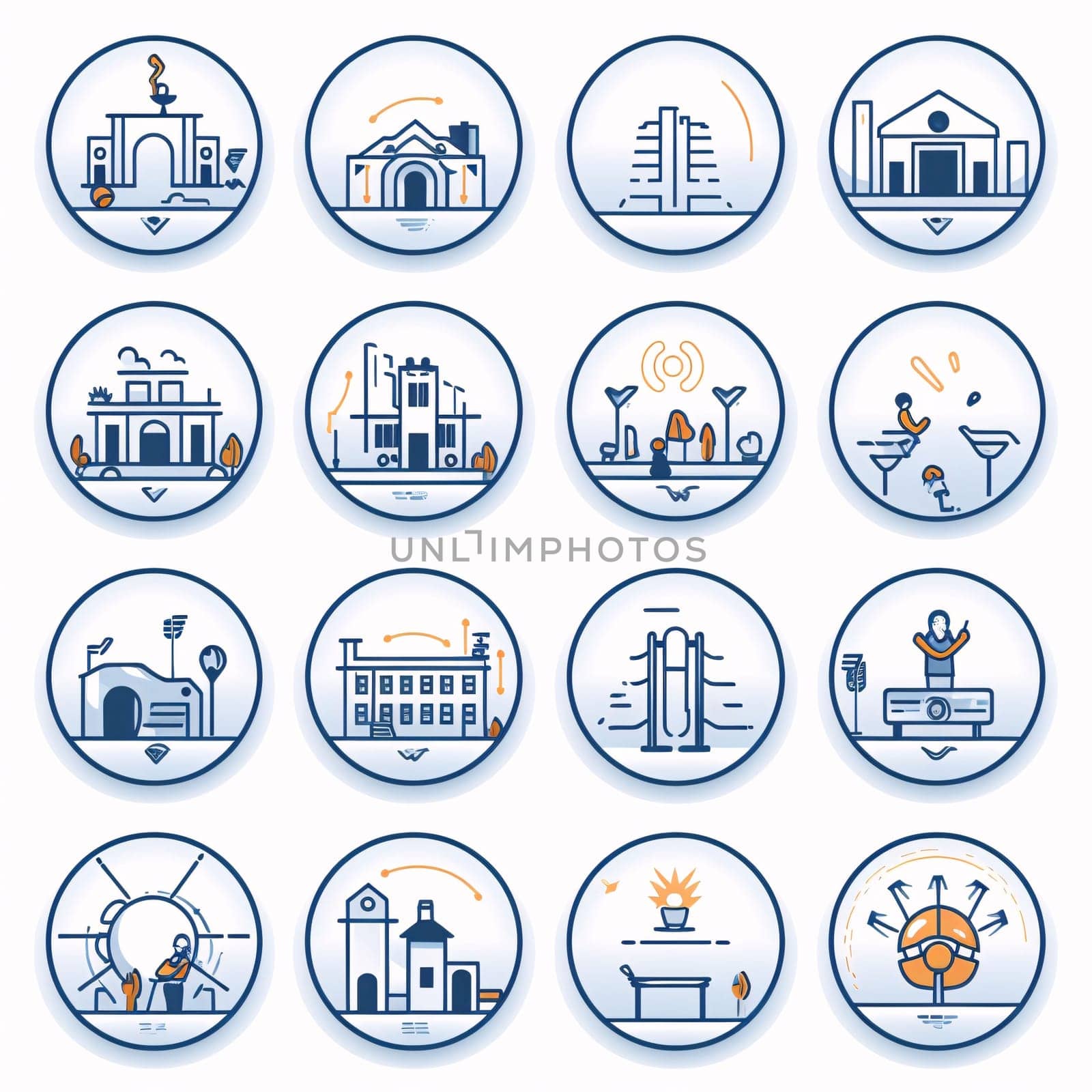 New icons collection: Set of travel and tourism icons in blue circles. Vector illustration.