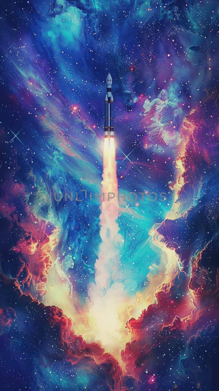 A colorful space shuttle is flying through a sky full of clouds and stars by nijieimu