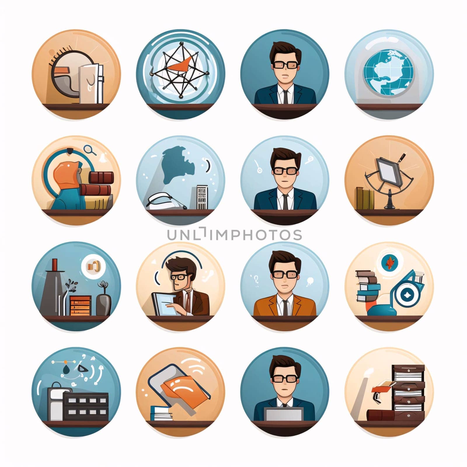 New icons collection: Business and office icons set in flat style. Businessman, secretary, businessman, teacher, scientist, teacher, teacher, teacher, student, teacher. Vector illustration