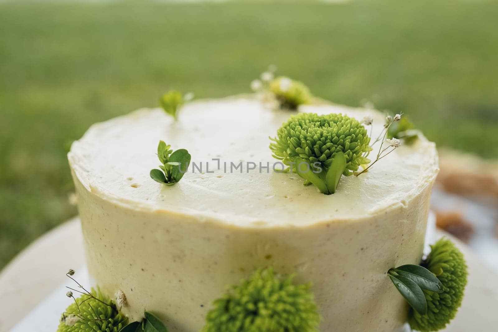 Elegant White Cake Adorned With Green Floral Details by Miron