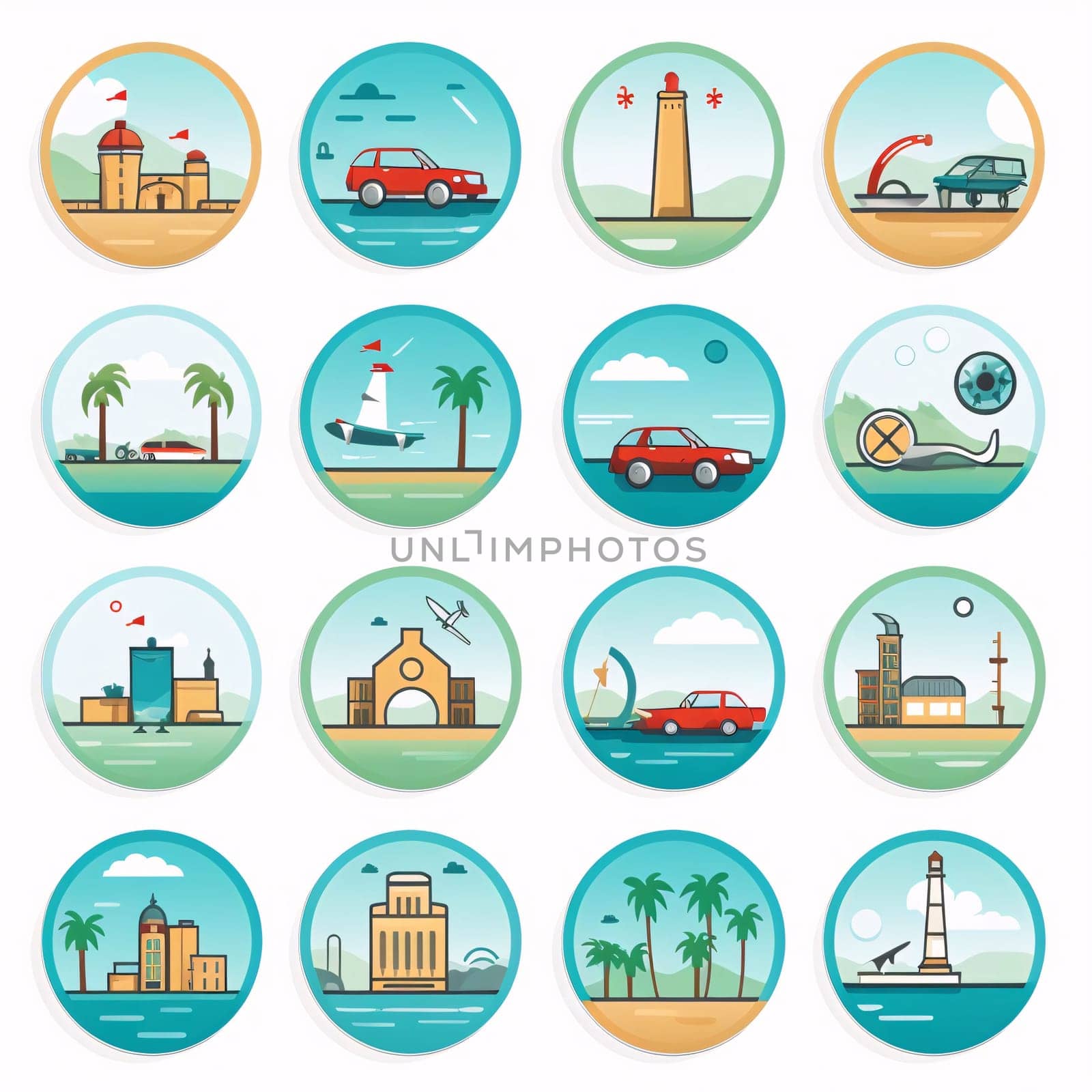 New icons collection: Set of travel icons in flat style. Vector illustration with lighthouse, car, beach, palm trees, car, ship, sea.