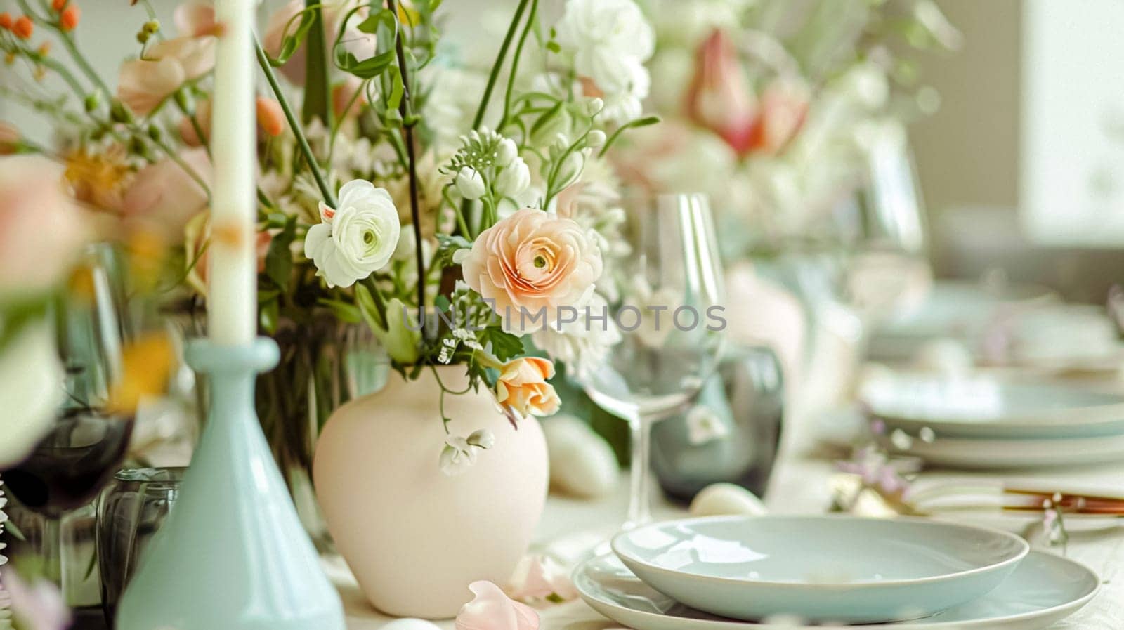 Easter tablescape decoration, floral holiday table decor for family celebration, spring flowers, Easter eggs, Easter bunny and vintage dinnerware, English country and home styling by Anneleven