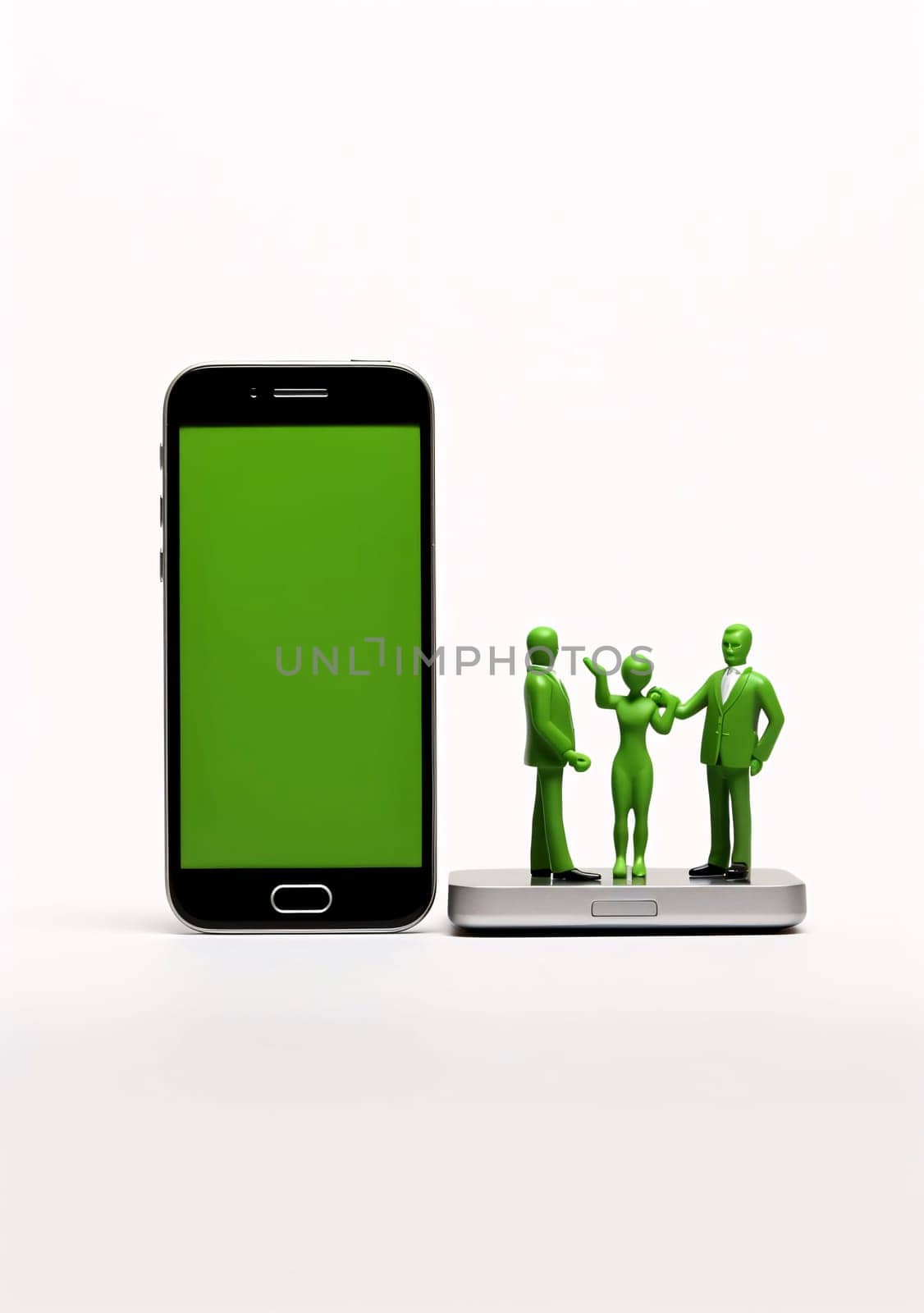 Smart phone with green screen and people on white background. 3D illustration. by ThemesS