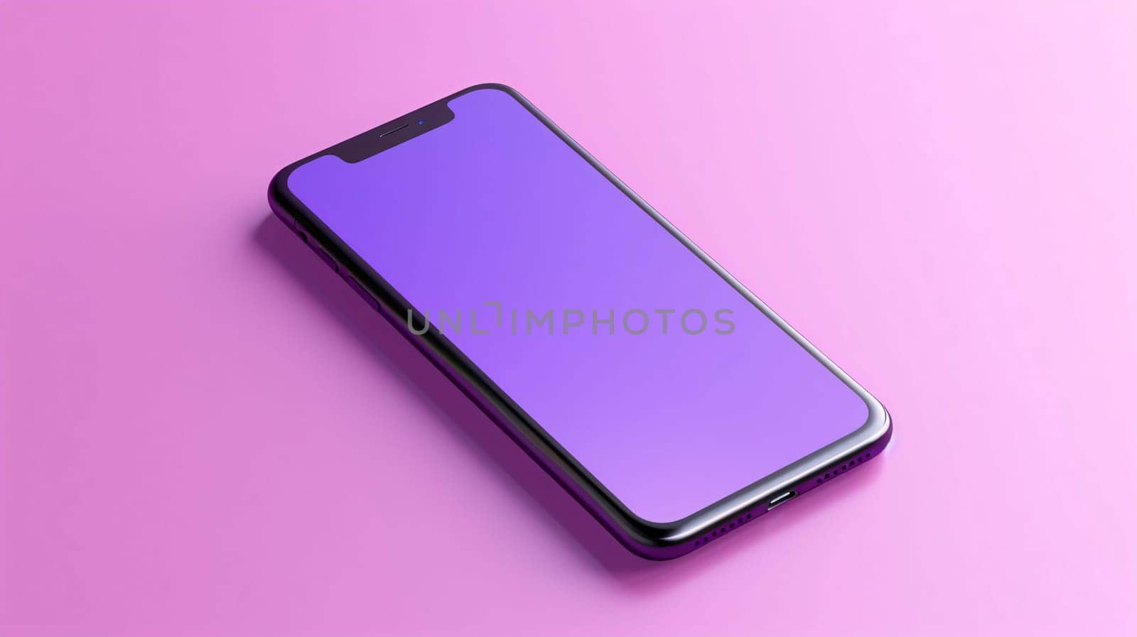 Smartphone screen: Smartphone with purple screen on pink background. 3d illustration.