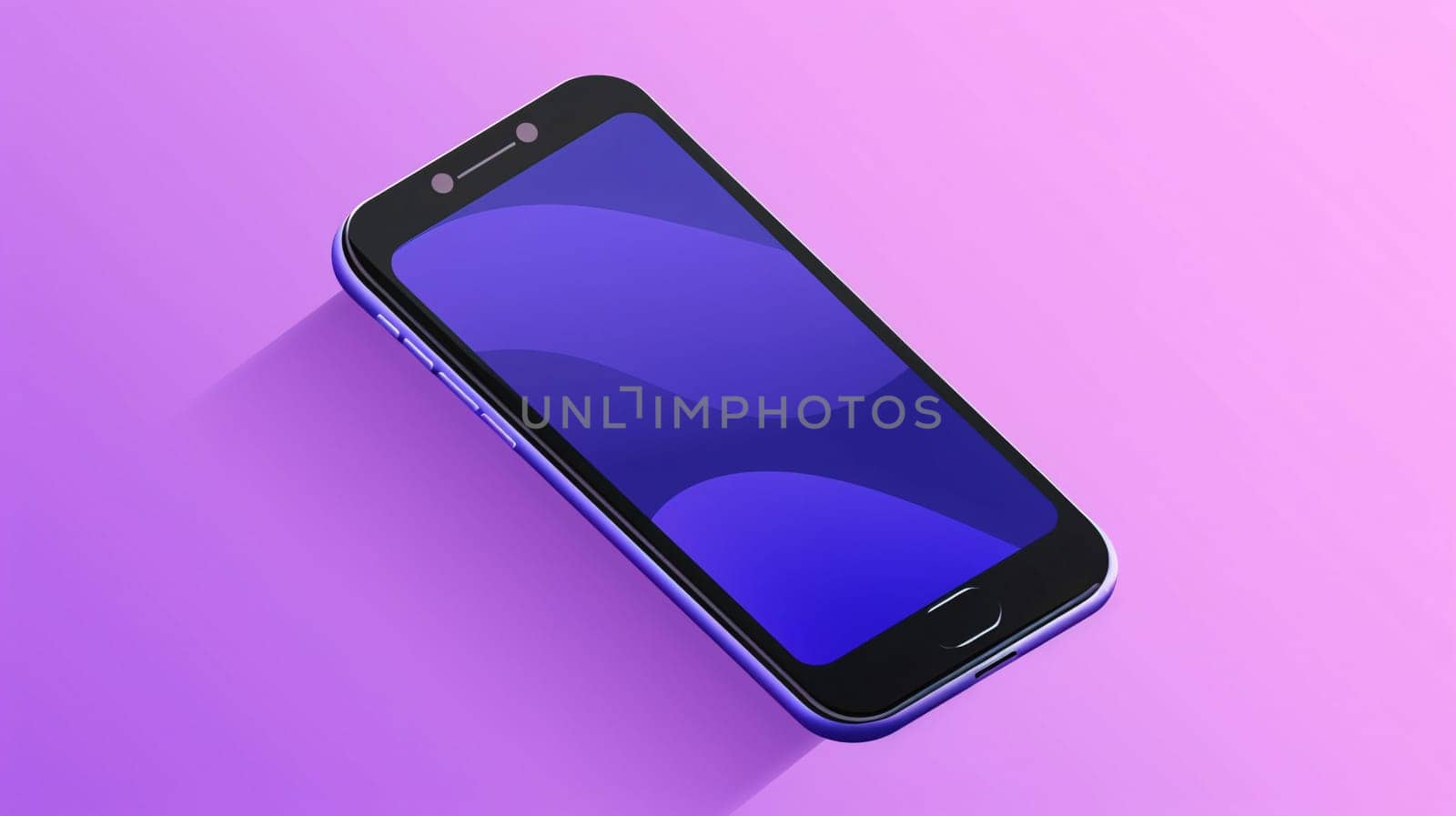 Smartphone with purple screen on pink background. 3d illustration. by ThemesS