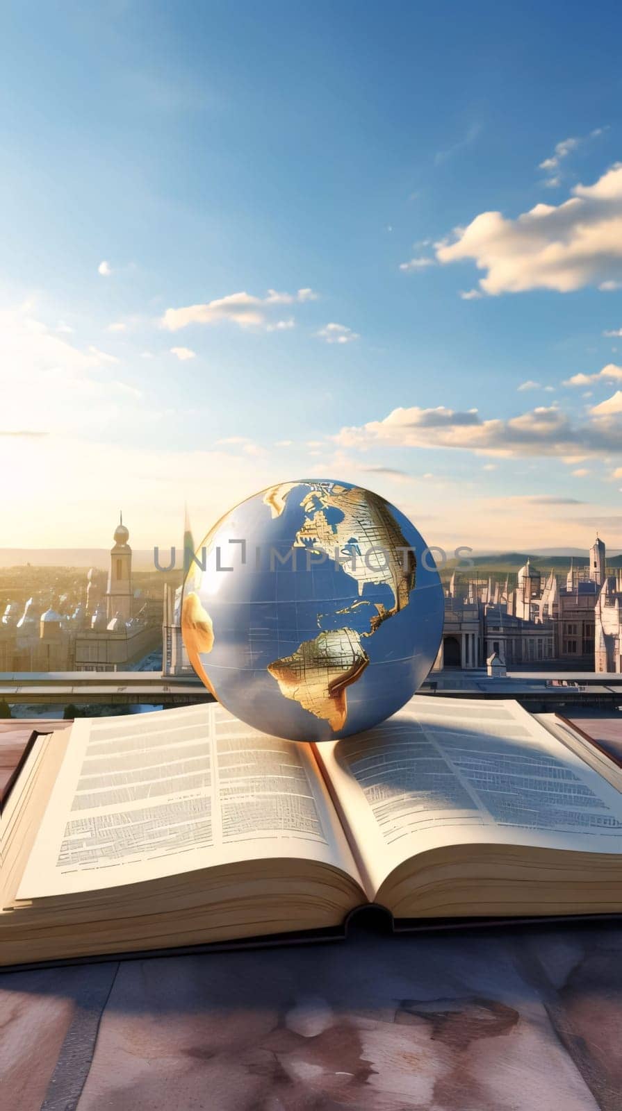 Earth Day: Globe on the top of a book with London skyline in the background