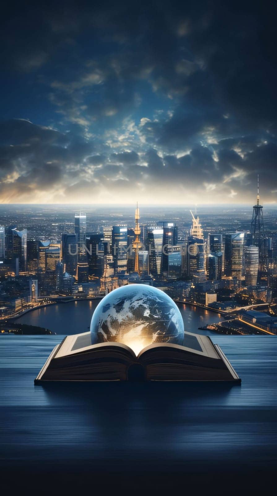 Earth Day: Open book with Earth planet and city skyline at night, 3D rendering