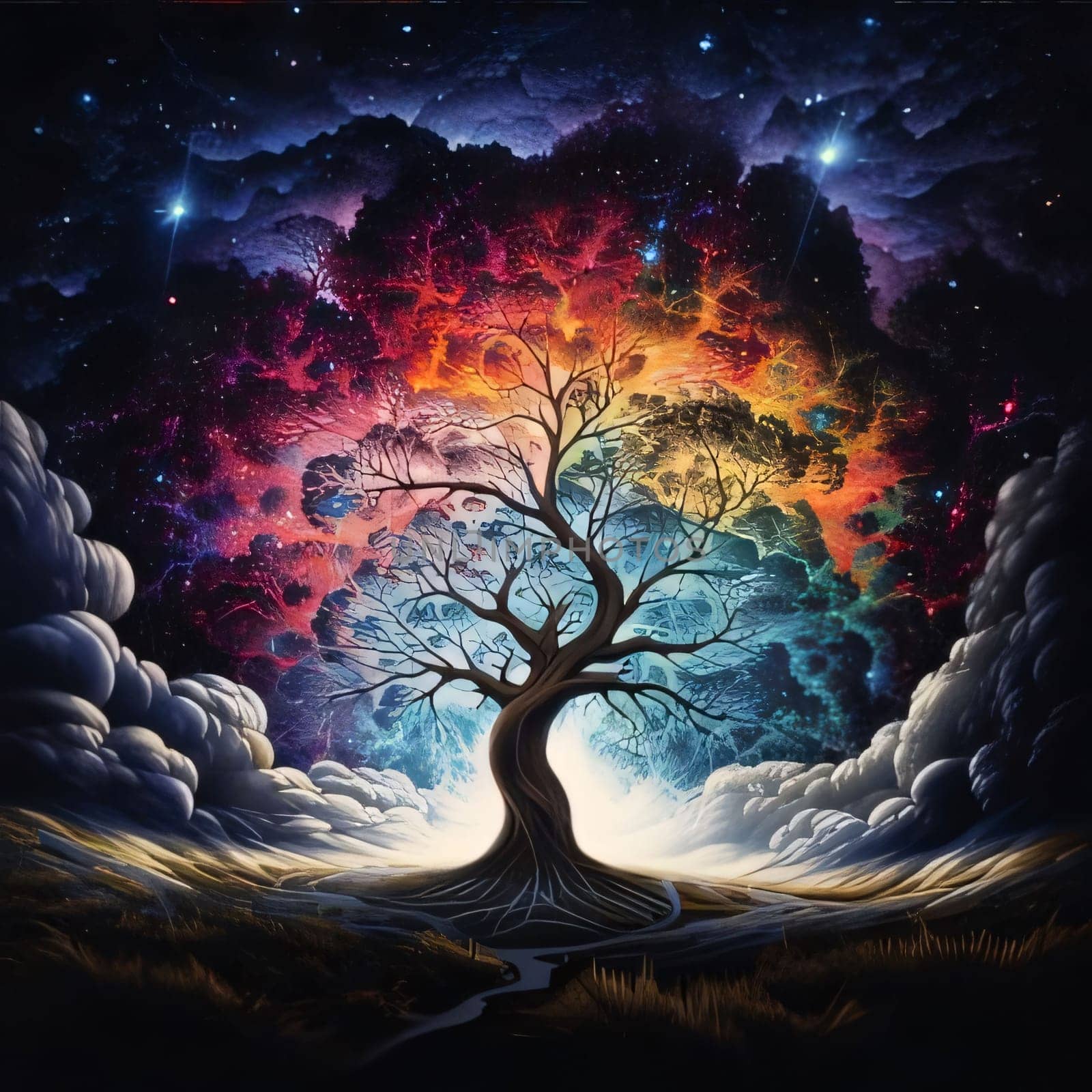 Earth Day: Fantasy landscape with a tree and clouds in the night sky.