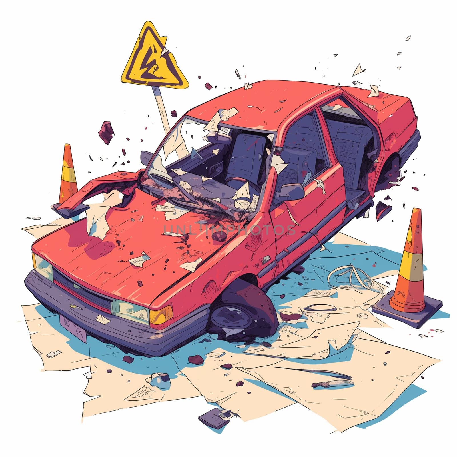 An illustration of a bright red car parked with a safety cone placed in front of it on a road.