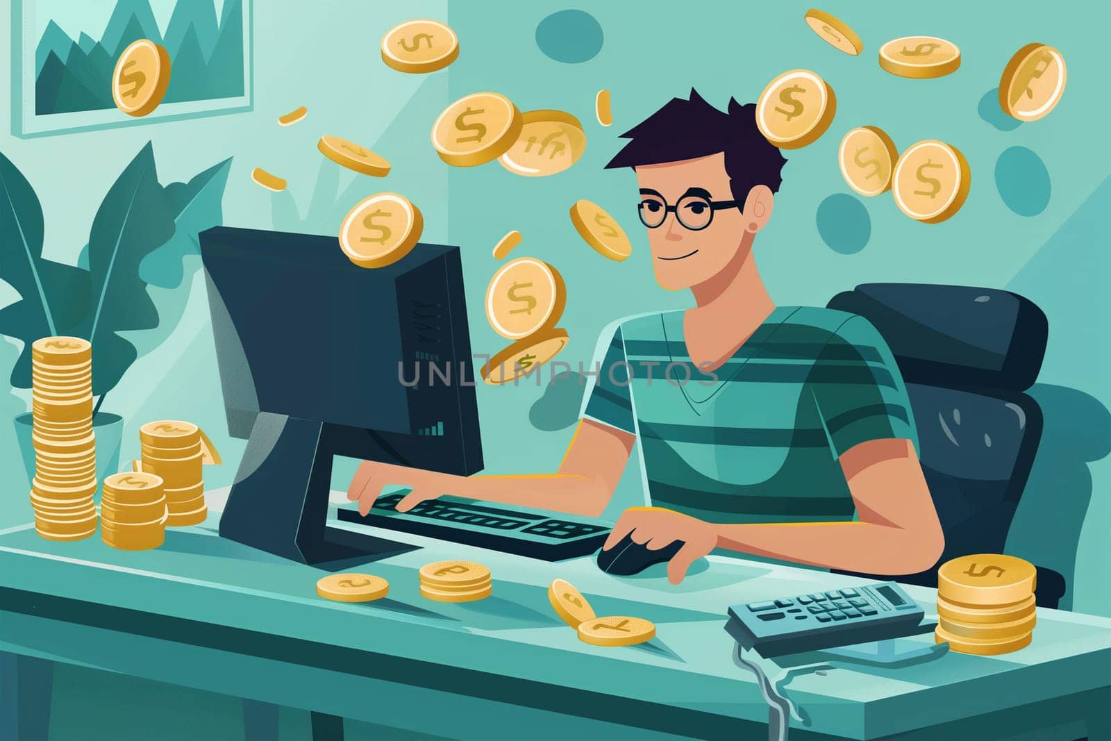 Man Sitting at Computer With Coins Flying by Sd28DimoN_1976