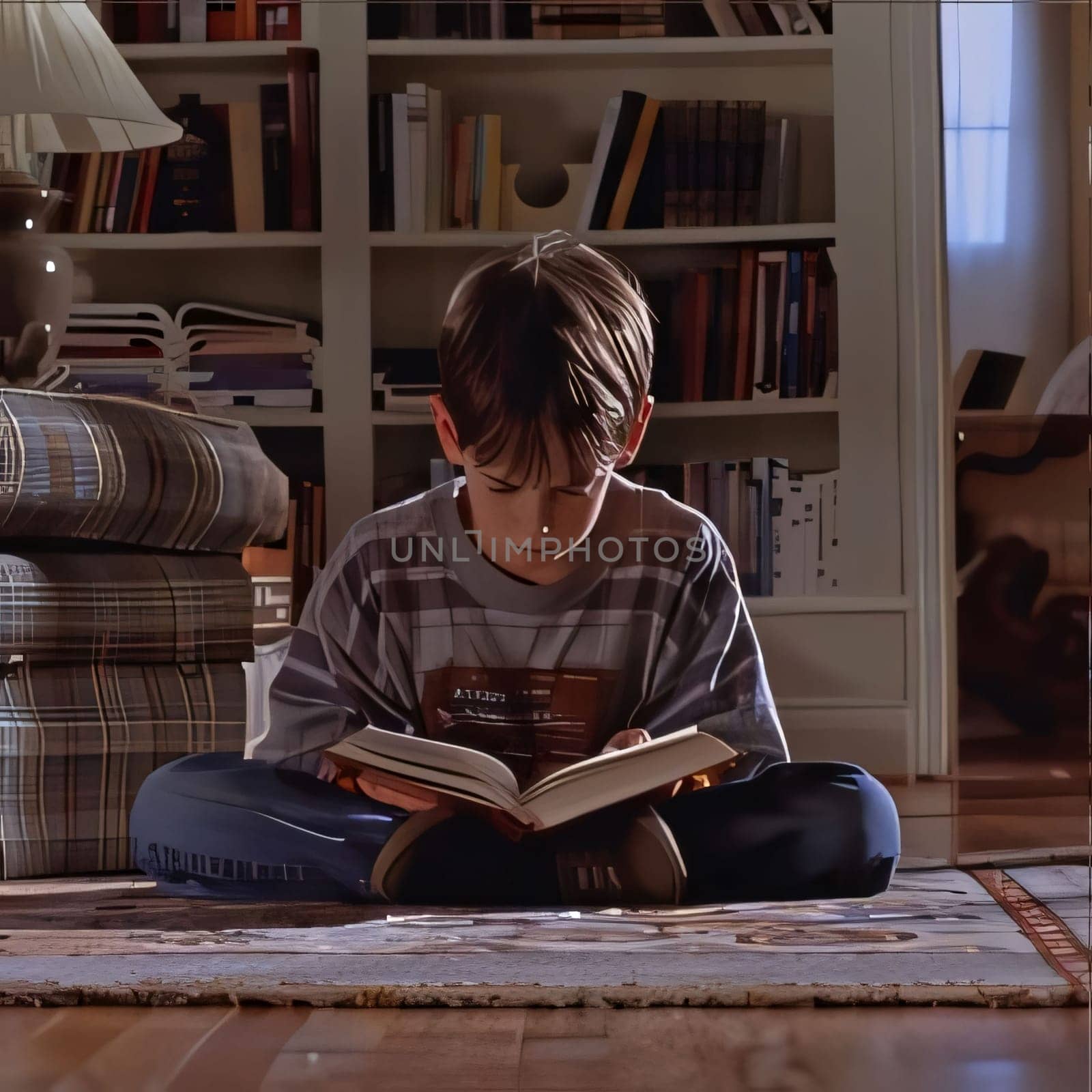 World Book Day: Cute little boy reading a book while sitting on the floor at home