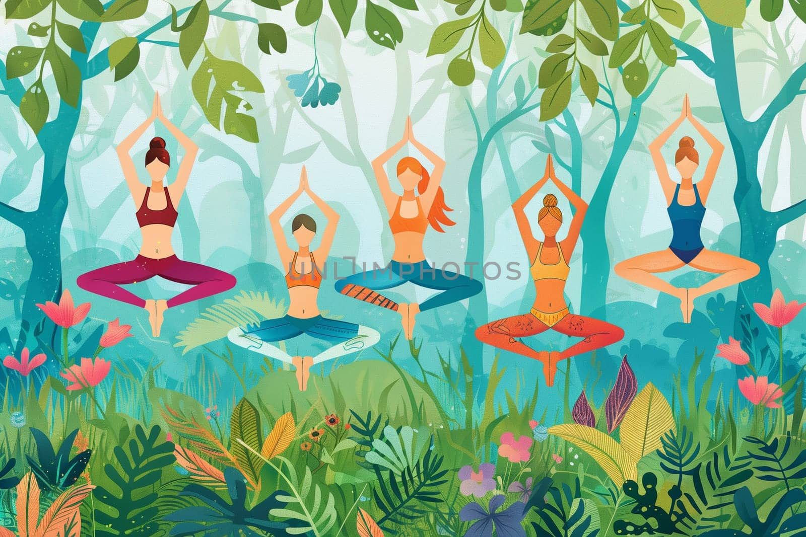 Multiple women are engaged in various yoga poses amidst the trees in a forest setting.