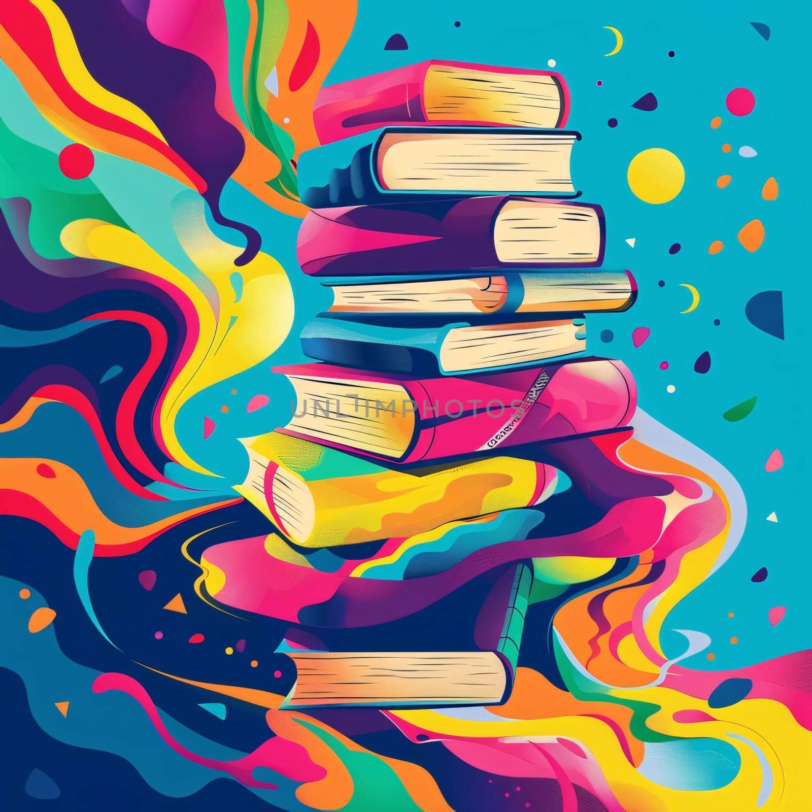 World Book Day: Pile of colorful books on abstract colorful background, vector illustration.