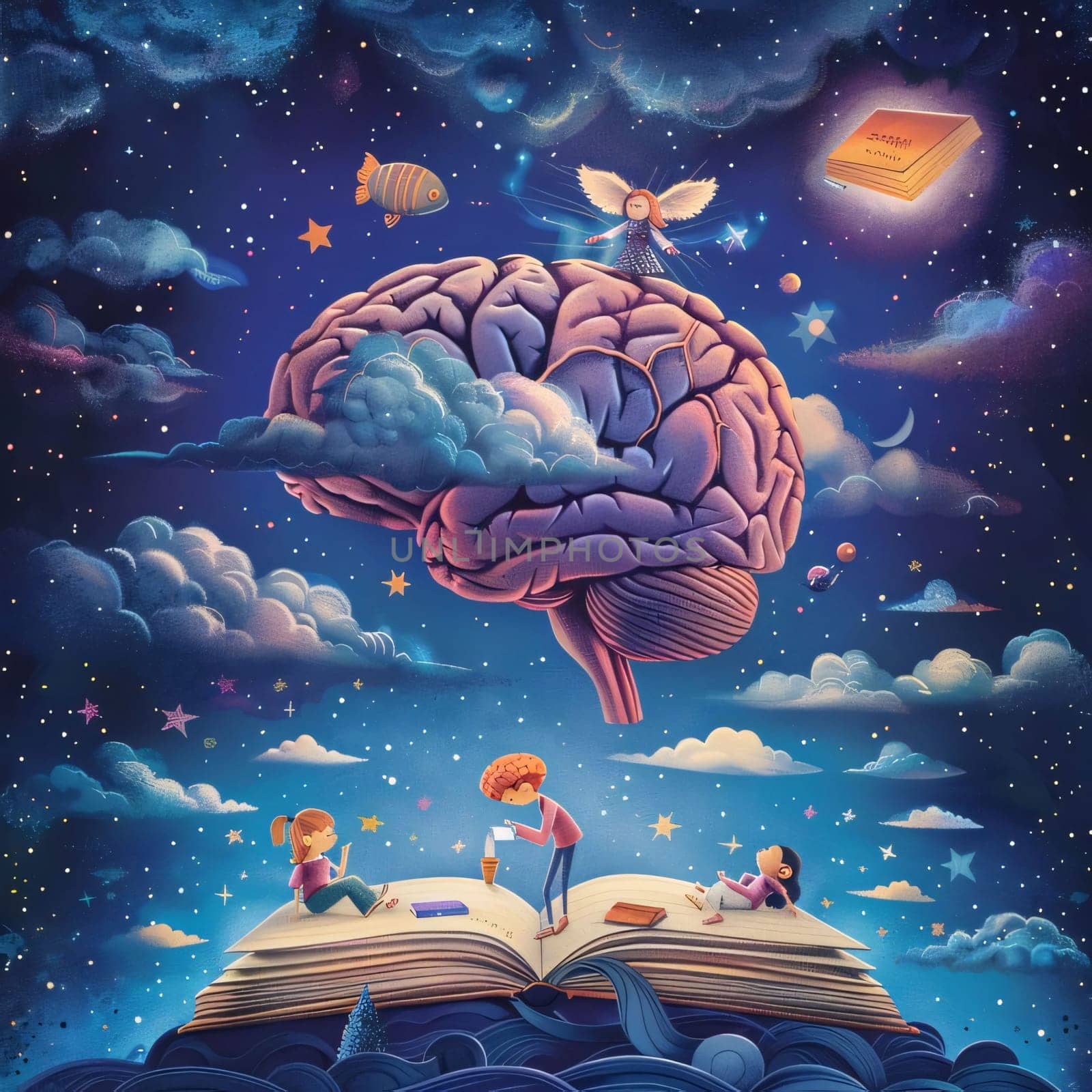 World Book Day: Open book with human brain and children sitting on it. Education concept