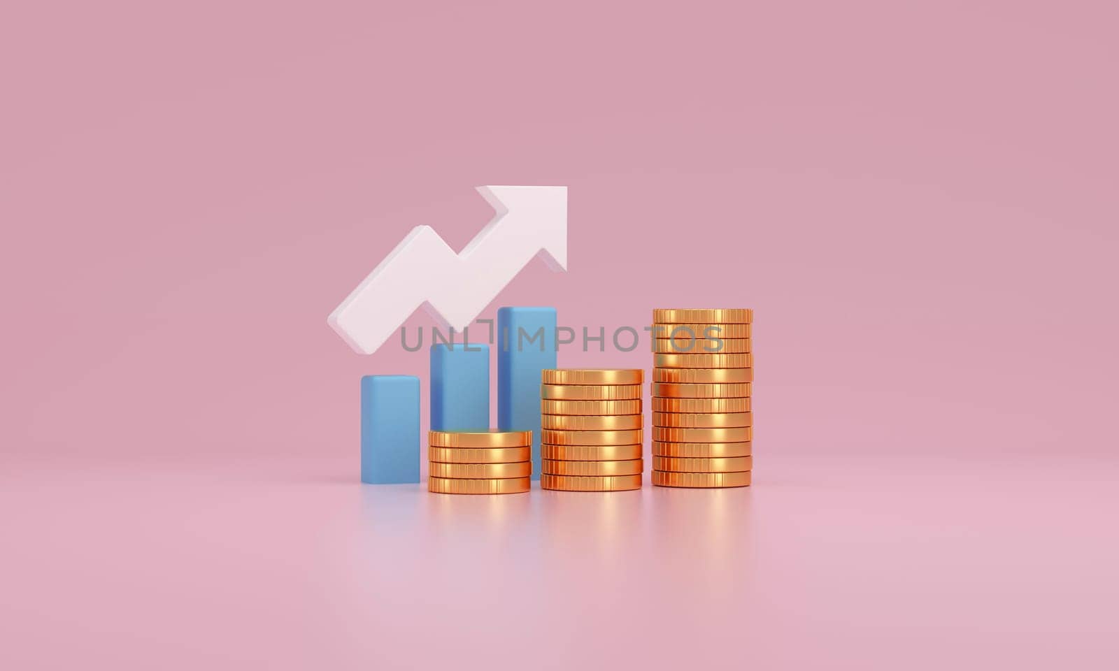 3D illustration depicting financial growth, featuring a white upward arrow among rising blue bar graphs and stacks of gold coins, set against a soft pink background.