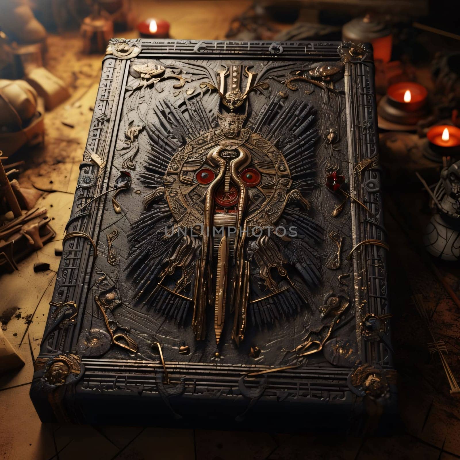 World Book Day: Ancient magic book with a cross on the cover. Halloween concept.