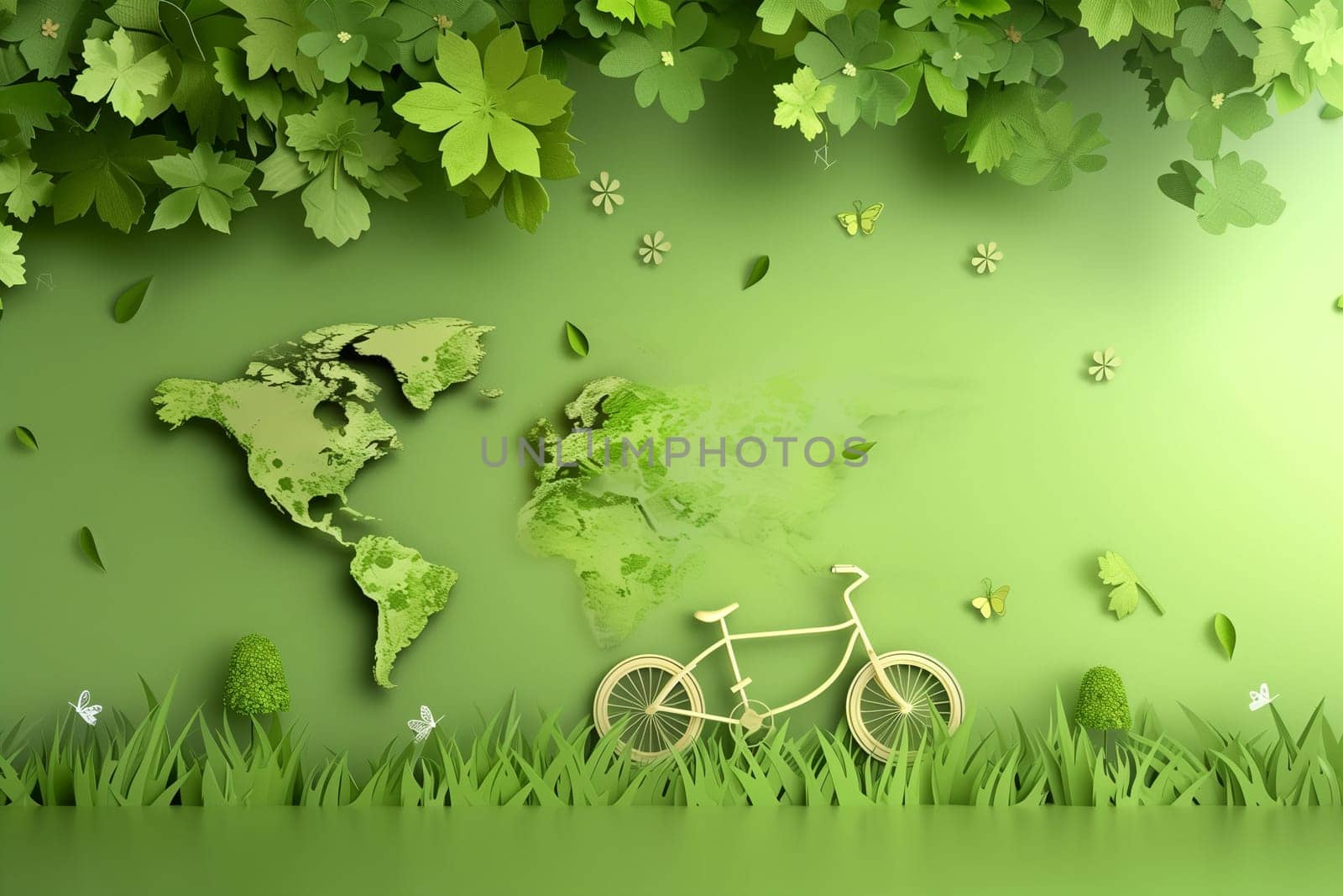 A bicycle resting against a world map on a vibrant green background.