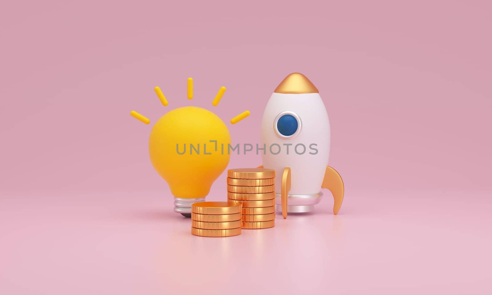 3D rendering showcasing a glowing yellow light bulb, a white and gold rocket, and stacks of gold coins, all set a pink background, symbolizing innovation, growth, and investment.