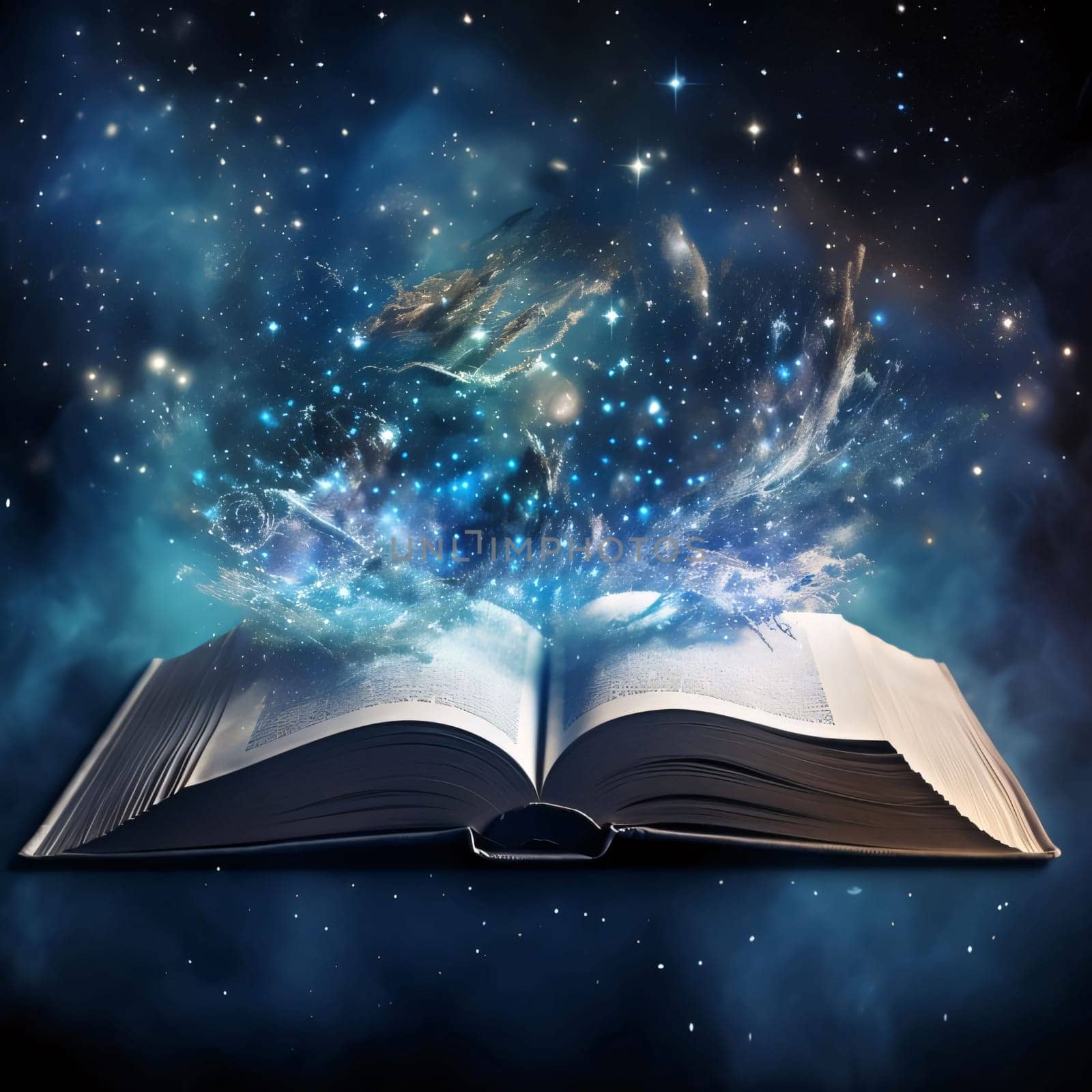 World Book Day: Open book with magic and fire in the night sky. 3D rendering