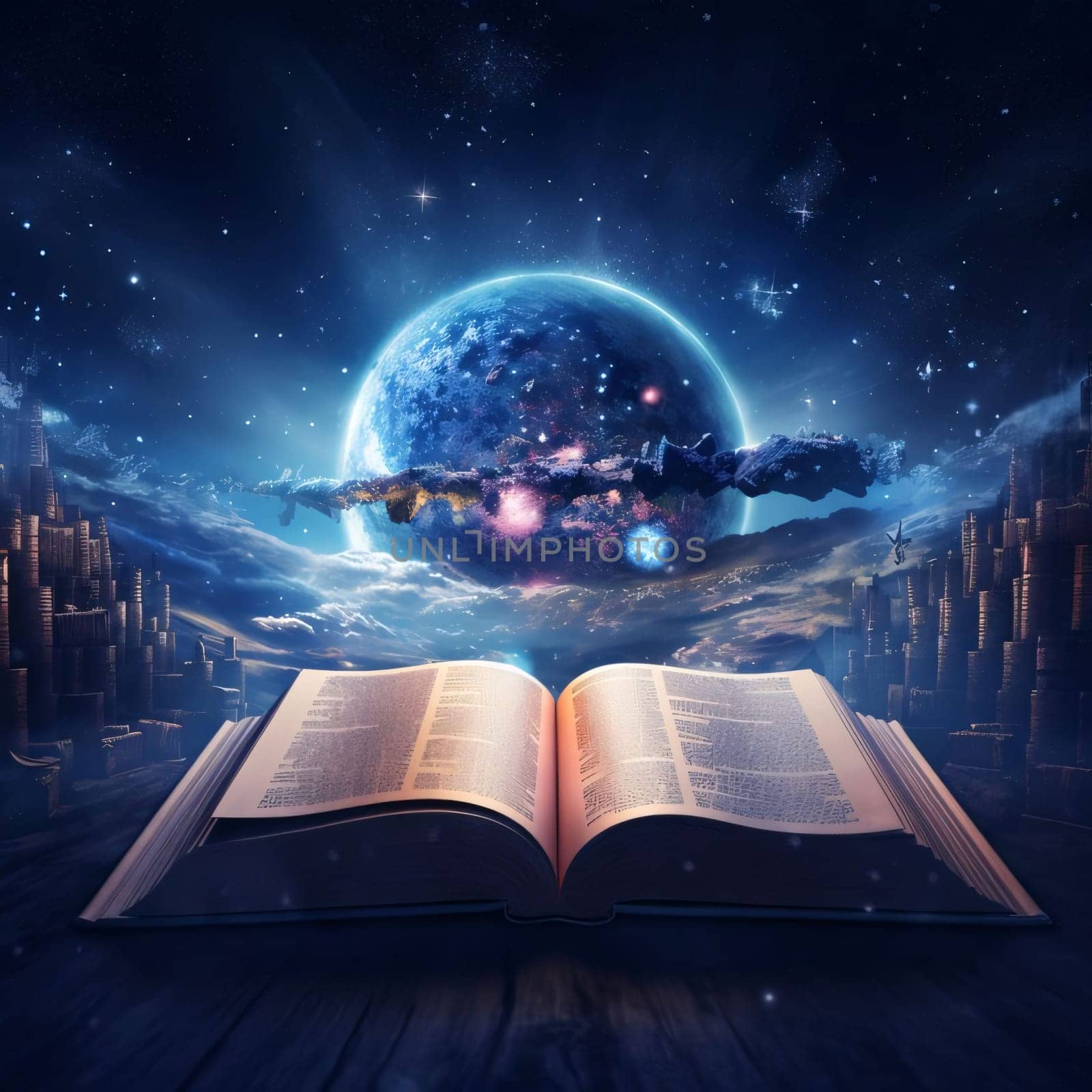 World Book Day: Open book with planet earth and city in the background. 3D rendering