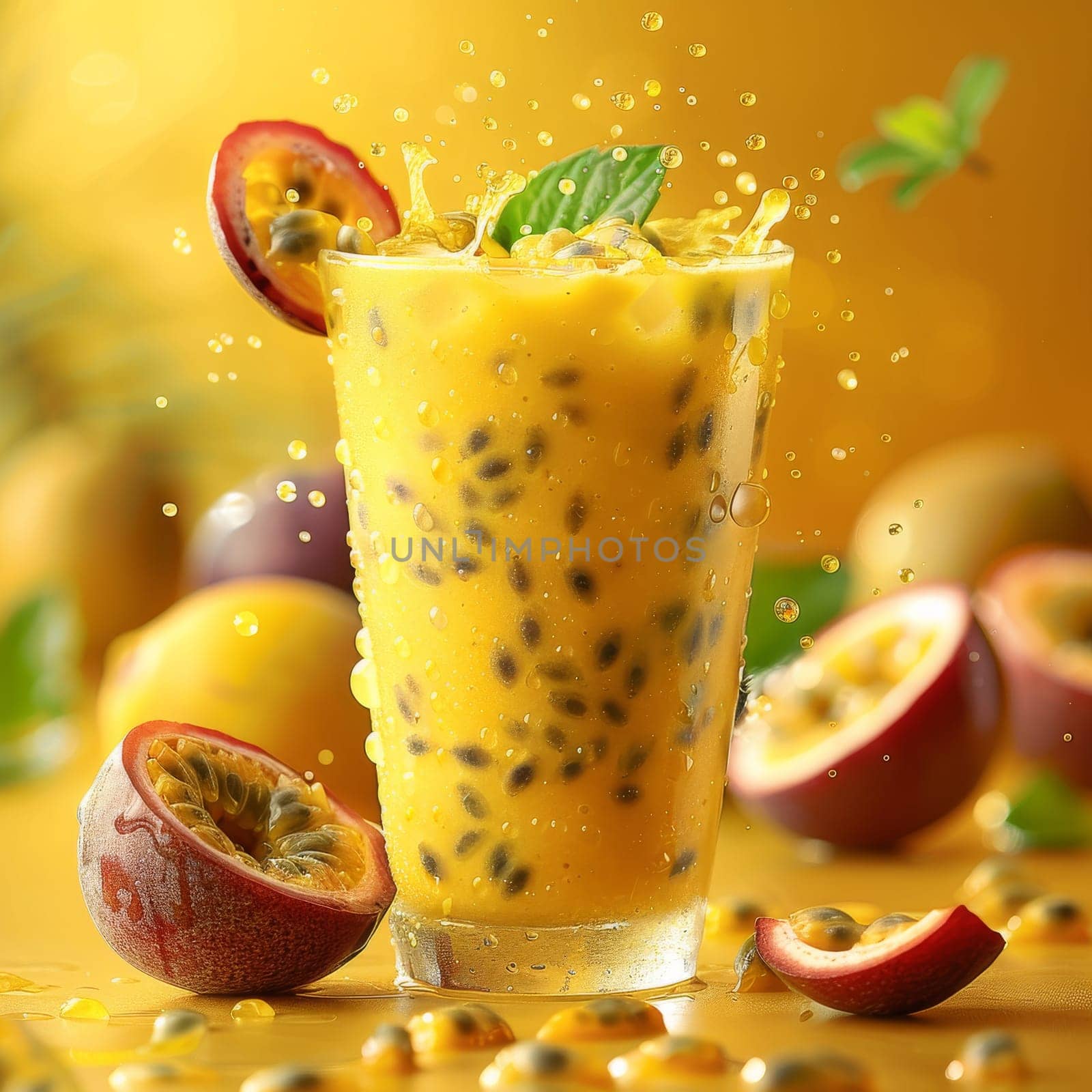 A glass of juice with a slice of pineapple and a sprig of mint on top. The juice is poured into a glass and has a splash of water on the side