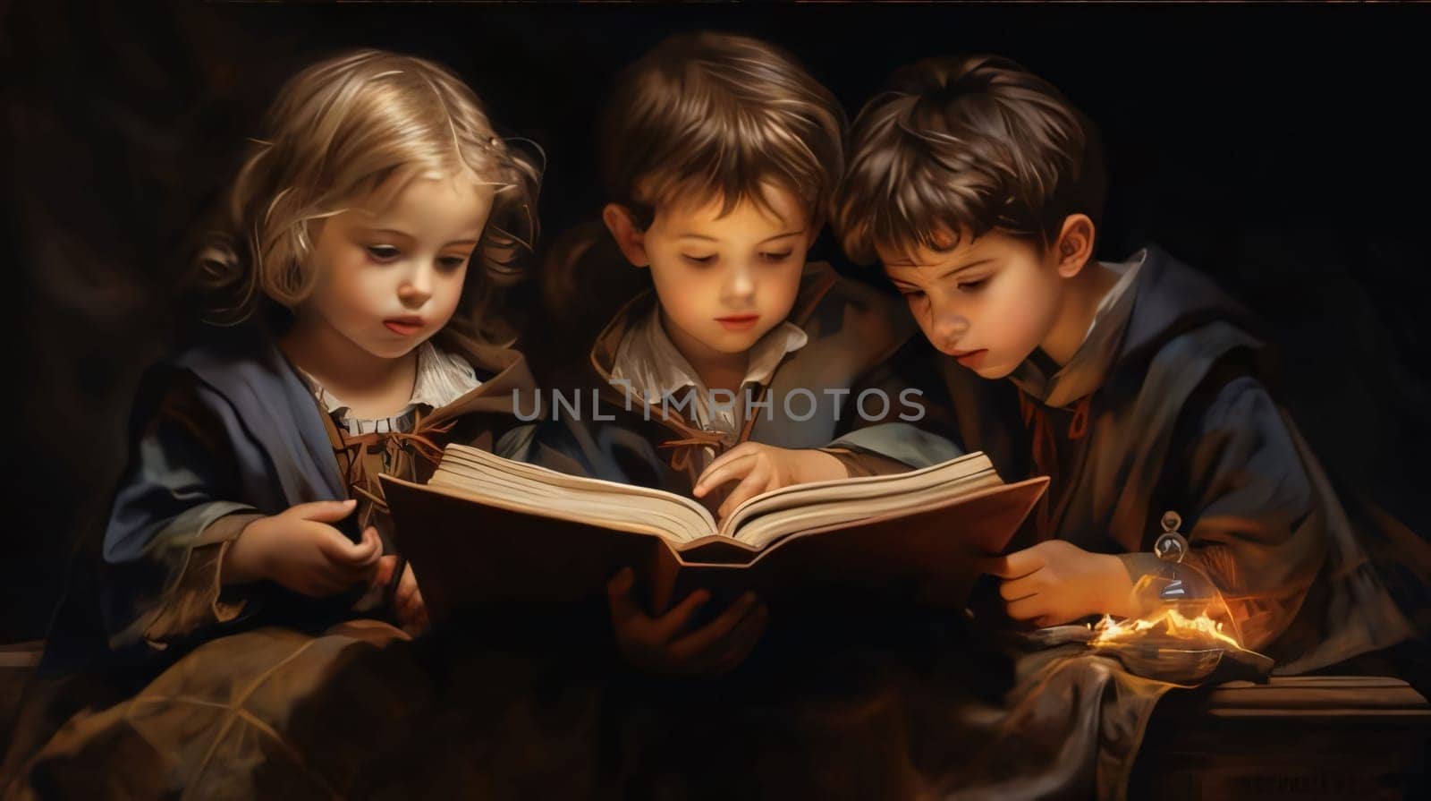 World Book Day: Three little children reading a book in the dark room at night.