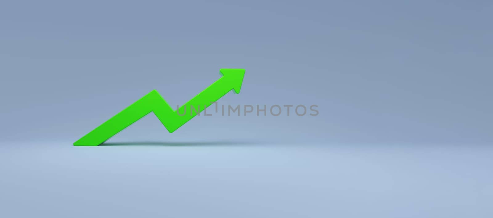 3D illustration of a bright green upward arrow, symbolizing growth or increase, set against a soft grey background.