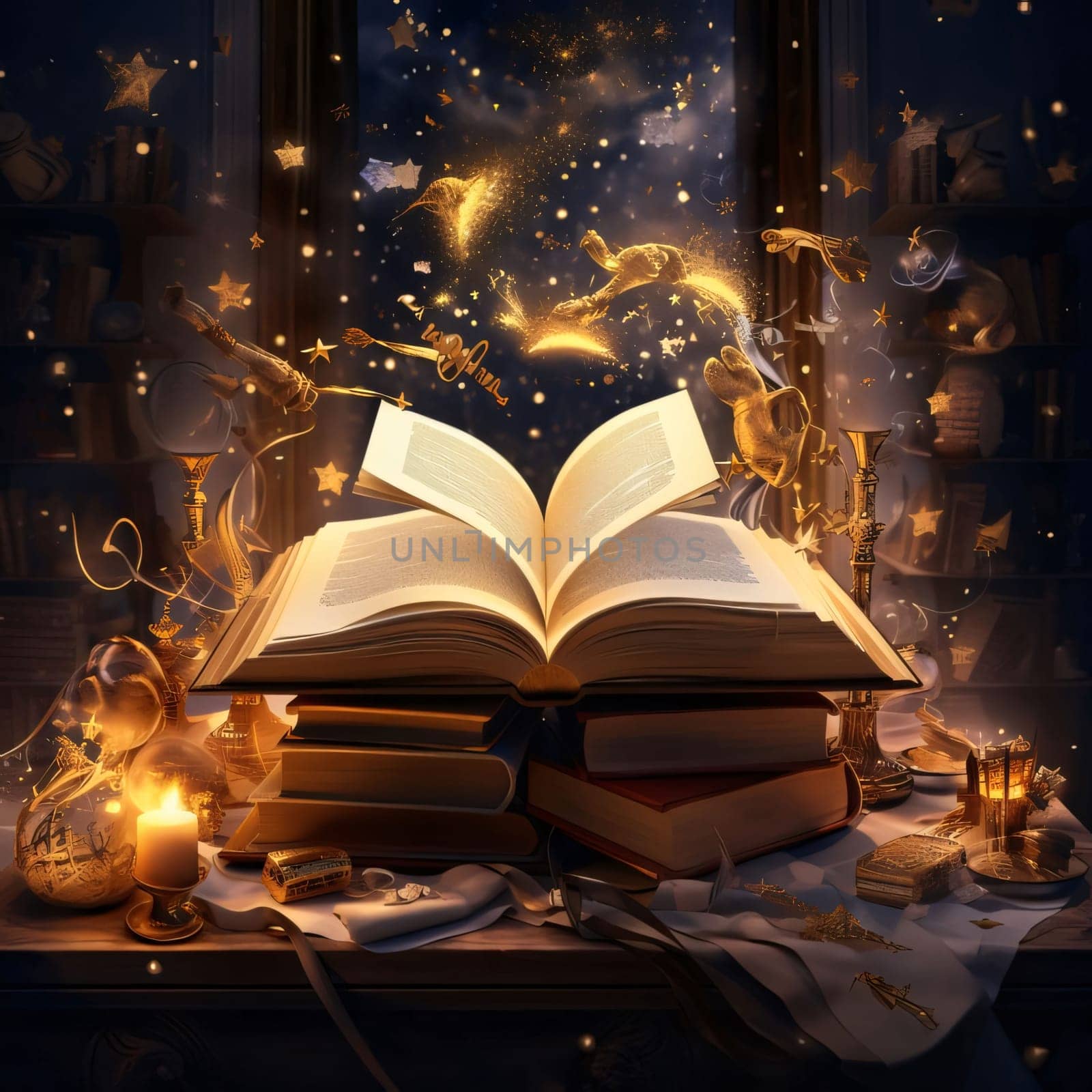 World Book Day: Open book, magic book on the table in the dark. Magical atmosphere.