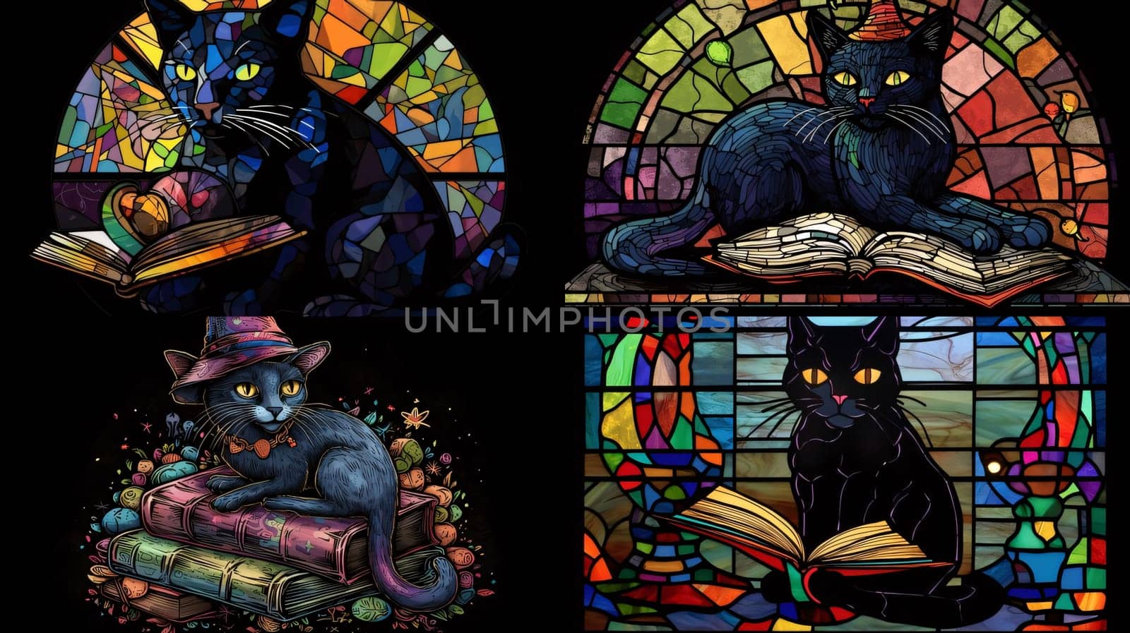 Illustration in stained glass style with black cats and books on a black background by ThemesS