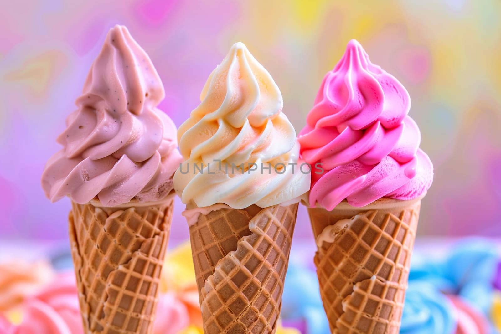Three vibrant ice cream cones lined up in a row, each topped with different flavors and sprinkles.
